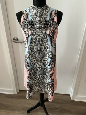 Pink Owl Apparel Shift Dress L Knee Blue Pink Black Floral High Neck Zip Lined
